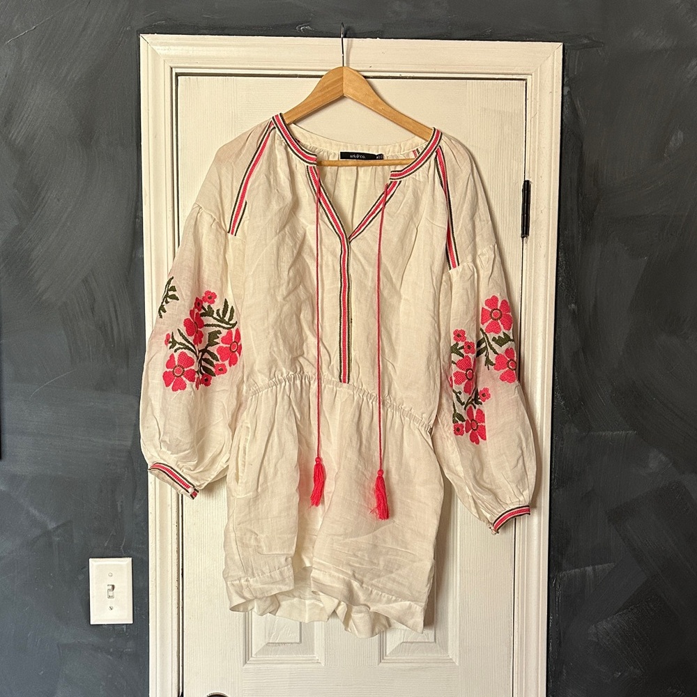 Embroidered Cream Blouse with Pink Floral Accents
